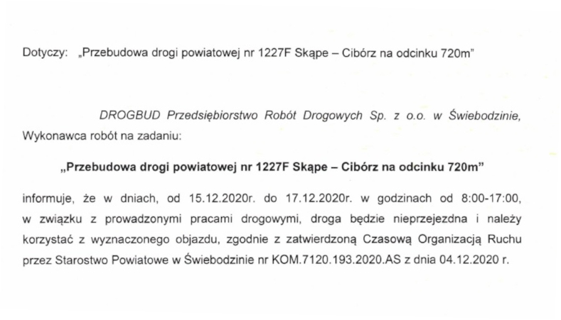 W dniach 15-17 grudnia zamknięta będzie droga powiatowa między Skąpem i Ciborzem