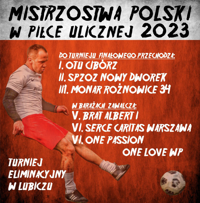 Plakat - Eliminacje do Mistrzostw Polski osób Bezdomnych i Środowisk Trzeźwości Piłki Ulicznej w Lubiczu Dolnym