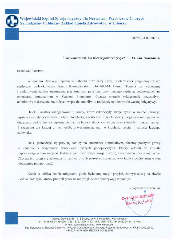 Podziękowania Dyrektora Szpitala