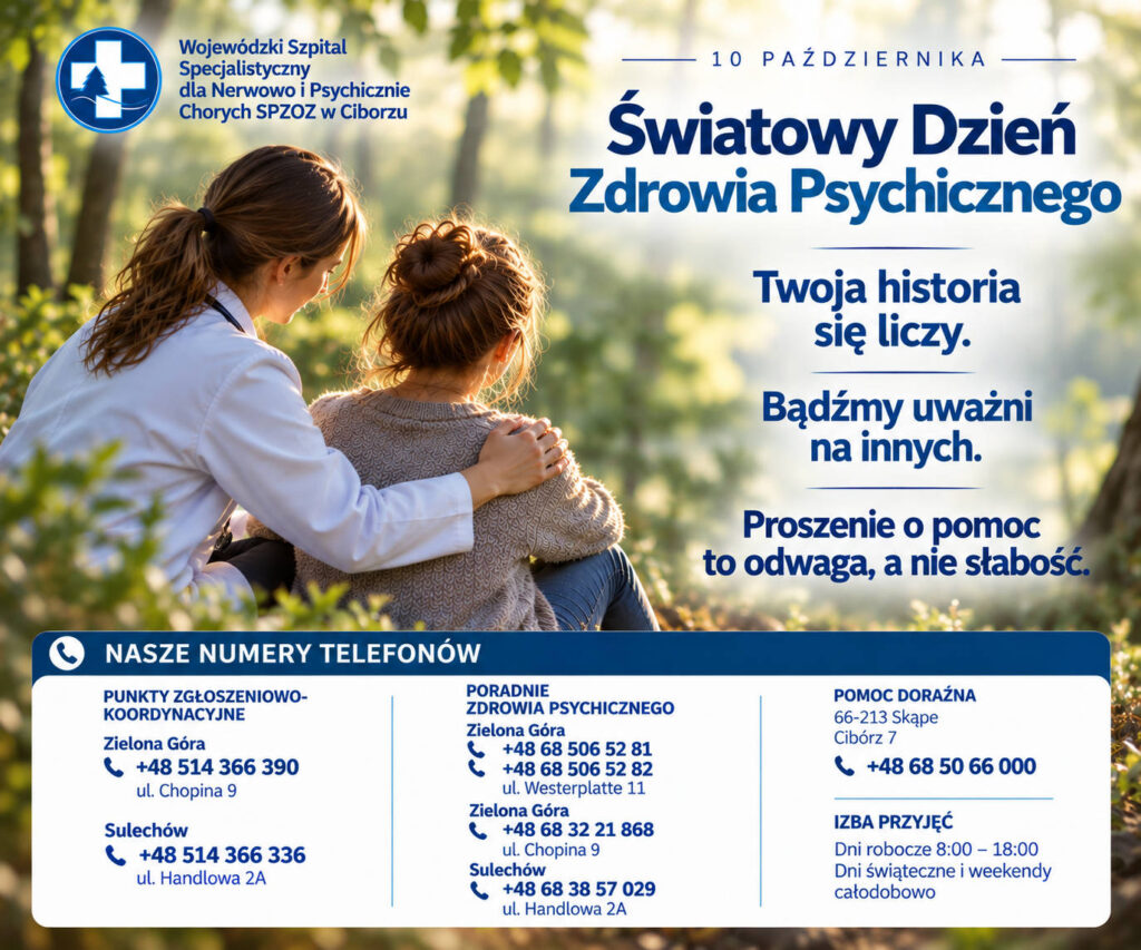 10 października – Światowy Dzień Zdrowia Psychicznego Zdrowie psychiczne ma znaczenie. Każda historia jest ważna, a każdy człowiek zasługuje na zrozumienie, szacunek i wsparcie.